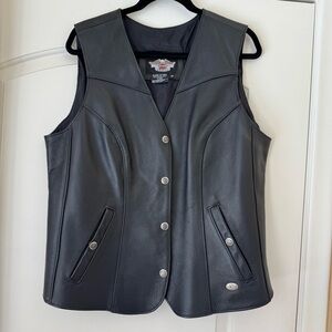 Harley Davidson Vintage Genuine Leather Black Riding Snap Closure Vest Womens 1W